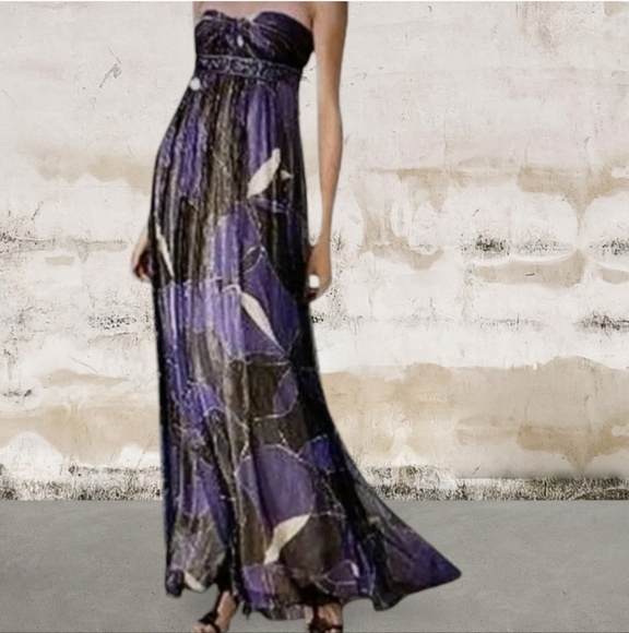 BCBGMaxAzria purple/ silver print strapless flowy silk gown NWT New Sz 0 - Picture 1 of 11